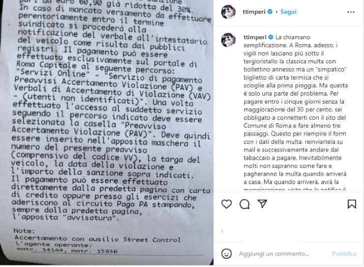 Tiberio Timperi chiede maggiore semplificazione per il pagamento delle multe (post Instagram) Parolibero